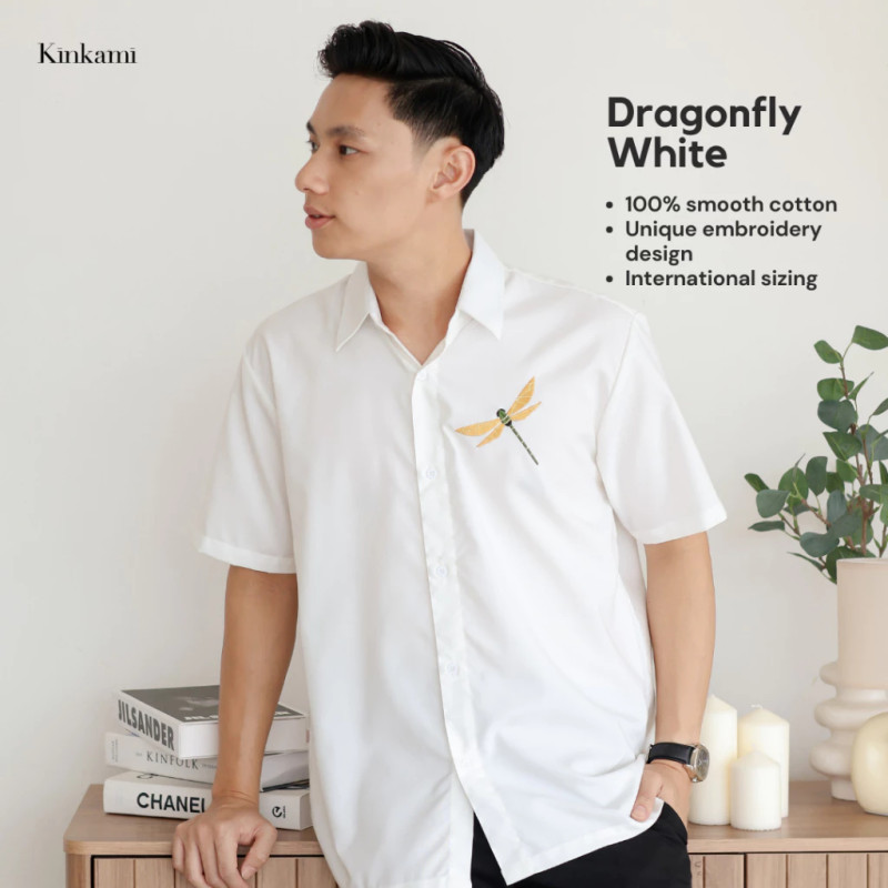 Kemeja Pria Lengan Pendek Premium Bordir | DRAGONFLY White by KINKAMI