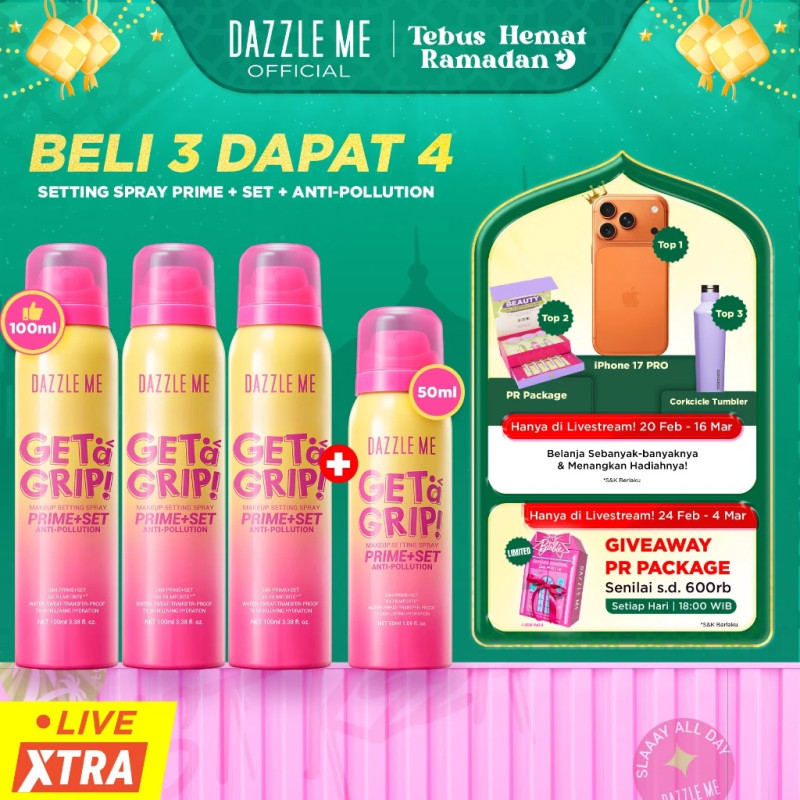 [DAPAT 4 PCS] DAZZLE ME Get a Grip! Prime+Set Anti-Pollution Makeup Setting Spray Aerosol Waterproof Sweatproof Transferproof 6X Tahan Lama Long-lasting