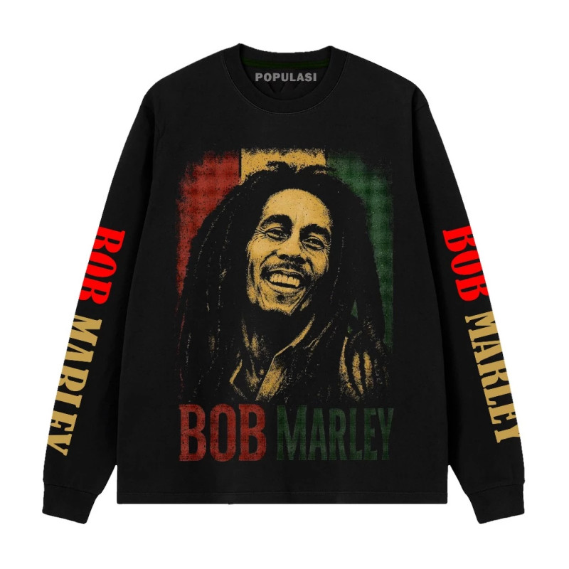 Populasi Official Kaos Lengan Panjang Rib Bob marley Raster T-shirt Band bahan Combed 24s
