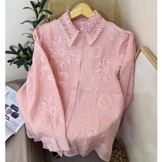 Kemeja Wanita Bordir Renda Elegan BKK | Blouse Casual Modis LD 110cm Longgar Nyaman
