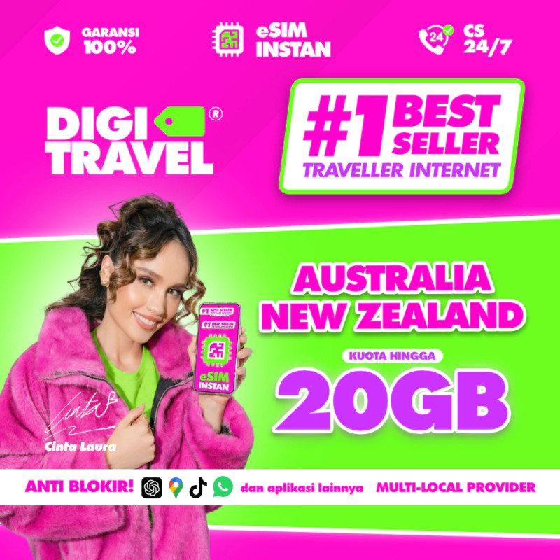 DIGITRAVEL eSIM Australia Sydney Melbourne Canberra New Zealand Auckland Kuota Besar Data Internet Roaming Langsung Aktif