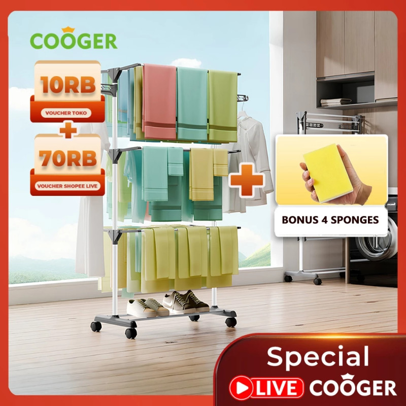 COOGER Rak Jemuran Baju 4 Tingkat Tahan Karat Tahan Angin Bonus Banyak