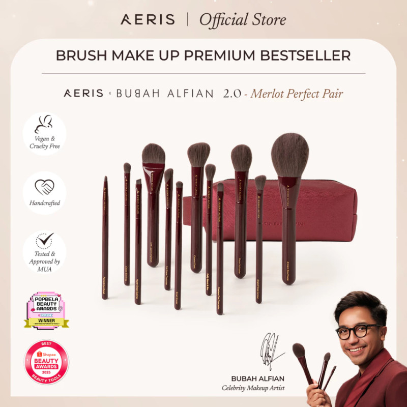 Aeris Beauté x Bubah Alfian 2.0 Merlot Brush Set | Brush Make Up Set Kuas Rias Lembut Premium 1 Set Lengkap Eksklusif Berkualitas Profesional MUA Multifungsi untuk Wajah Powder Foundation dan Eyeshadow