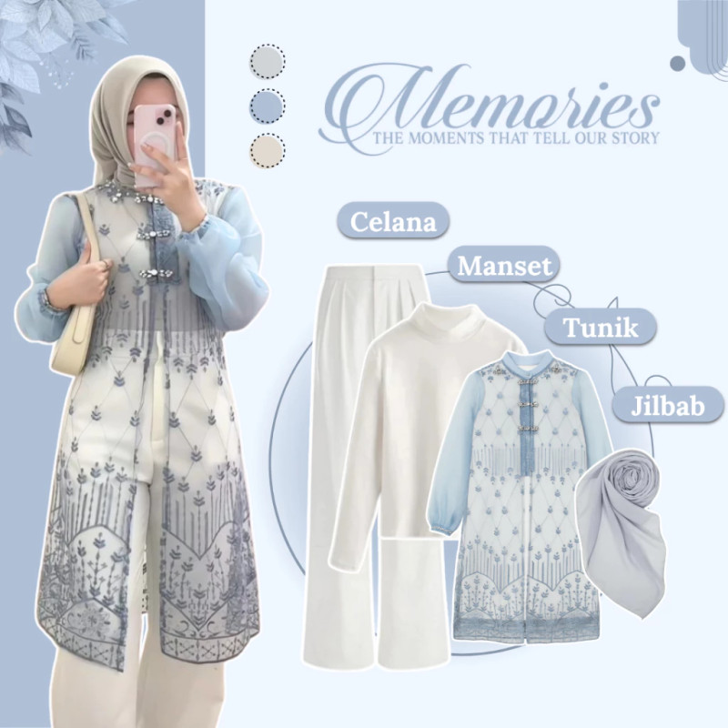 One Set Wanita Kekinian 4in1 (Tunik Brokat Blue - Manset - Celana - Jilbab) Setelan OOTD Raya RO124N