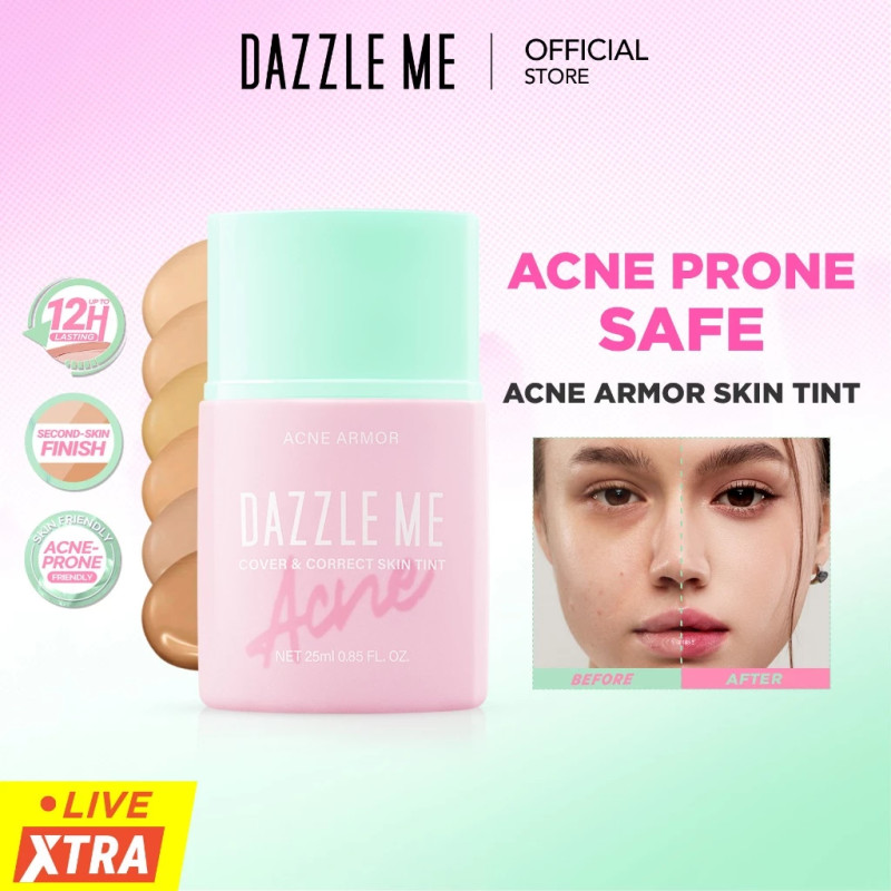 DAZZLE ME Acne Armor Cover & Correct SkinTint Acne - untuk Kulit Berjerawat Mengontrol Minyak Berlebih Tahan Lama 12 Jam Non Comedogenic