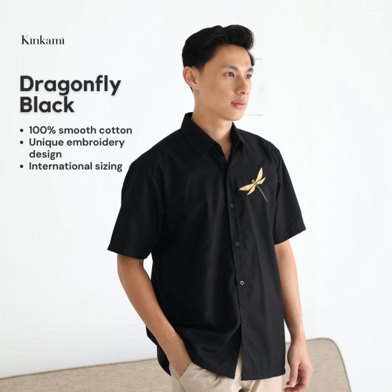 Kemeja Pria Lengan Pendek Premium Bordir Binatang | Baju Atasan | DRAGONFLY Shirt Black by KINKAMI