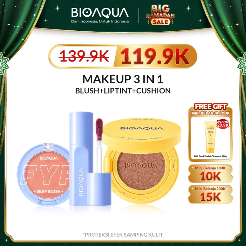 BIOAQUA Makeup 3 In 1 Cushion+Liptint+Blush on Bundle AquaLock ALL DAY Hybrid Cushion Bedak Cushion Waterproof BB Cushion & Gloss Tahan Lama Lip Tint & Blush on Powder 3g Cheek & Eyes Blusher