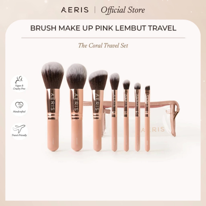 Aeris Beauté The Coral Travel Brush Set - 7 pcs Complete Set | Brush Make Up Set Kuas Rias Lembut Cute Mini 1 Set Lengkap untuk Travel