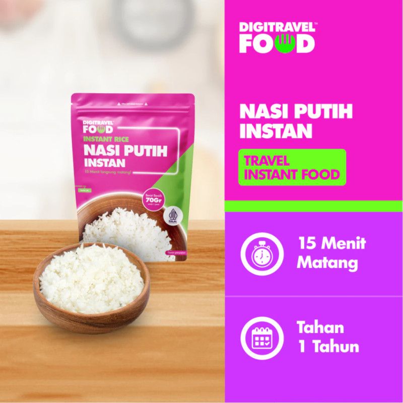 DIGITRAVEL Nasi Putih Instan Siap Saji 70gr / 200gr – Nasi Instan Praktis Travel | Free Garam & Abon