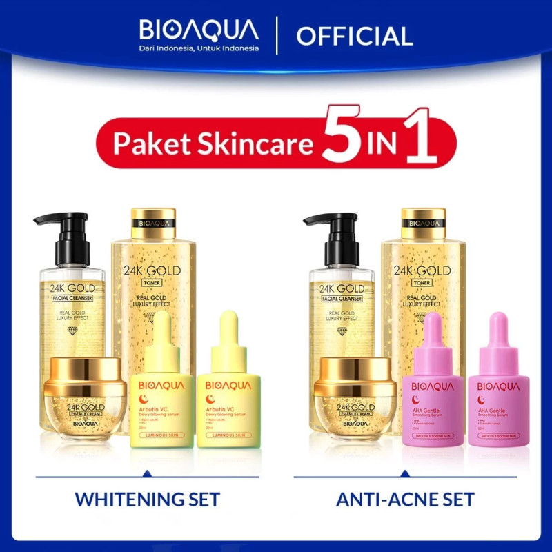 BIOAQUA 24K Gold Skincare Paket Anti aging Set 5 IN 1 With Brightening Serum Wajah / Acne Essence / Day & Night Pelembab Wajah Cream Krim / Hydrating Toner Wajah / Facial Wash Sabun Cuci Muka