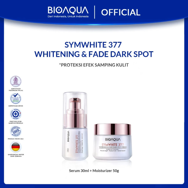 BIOAQUA Skincare Set SymWhite 377 Whitening & Fade Dark Spot Bundle 2 IN 1 With Flek Hitam Serum Wajah 30ml + Glowing Pemutih Wajah Cream 50g