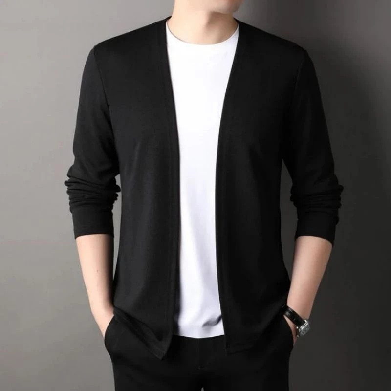 Kaos Lengan Panjang Cardigan V-neck Pakaian Kasual Pria Jahitan Mode Dua Badan Aktif Cowok Pull over Atasan Kaus Rajutan Kekinian