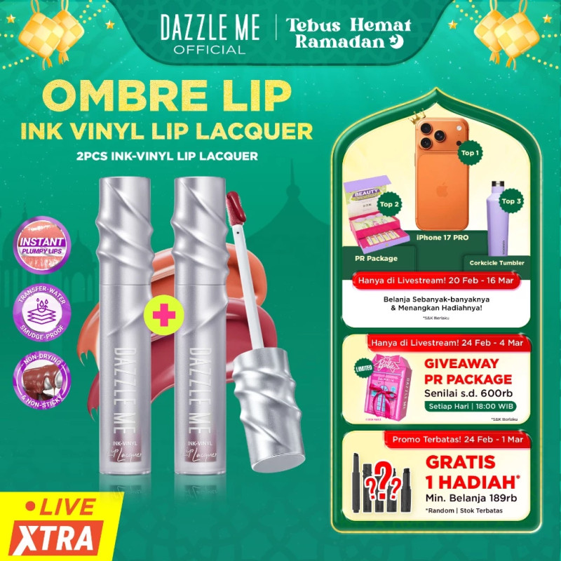 [PAKET OMBRE 2PC] DAZZLE ME Ink-Vinyl Lip Lacquer Lip Cream Lipstik Glossy Tahan Lama 16 Jam Lip Vinyl Transferproof Waterproof Anti Luntur Lipstick Lip Gloss Bibir Plump Non-Sticky