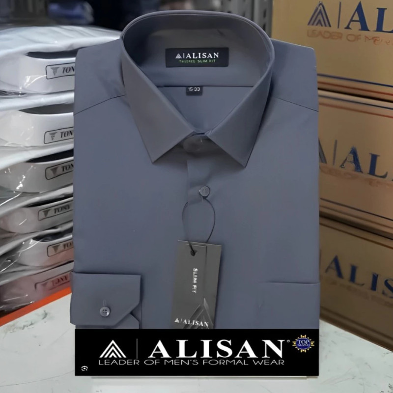 Kemeja Formal Polos Alisan Abu6/AbuTua Pria Krah Berdasi Slimfit Lengan Panjang Premium Kantor Kerja