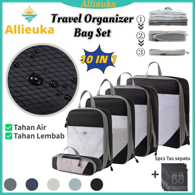 Allieuka 10PCS Tas Penyimpanan Travel Kompresi Vacum Baju Multifungsi Compressible Travel Organizer Bag SET Travel Luggage Organizer Packing Cubes