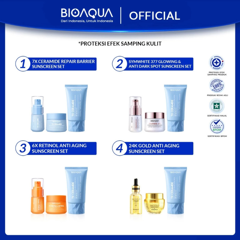 BIOAQUA 3pcs Skincare Paket BPOM With Facial Wash / Brightening Serum Wajah / Day & Night Pelembab Wajah Cream Krim / Hydrating Toner Wajah / Sunscreen Wajah