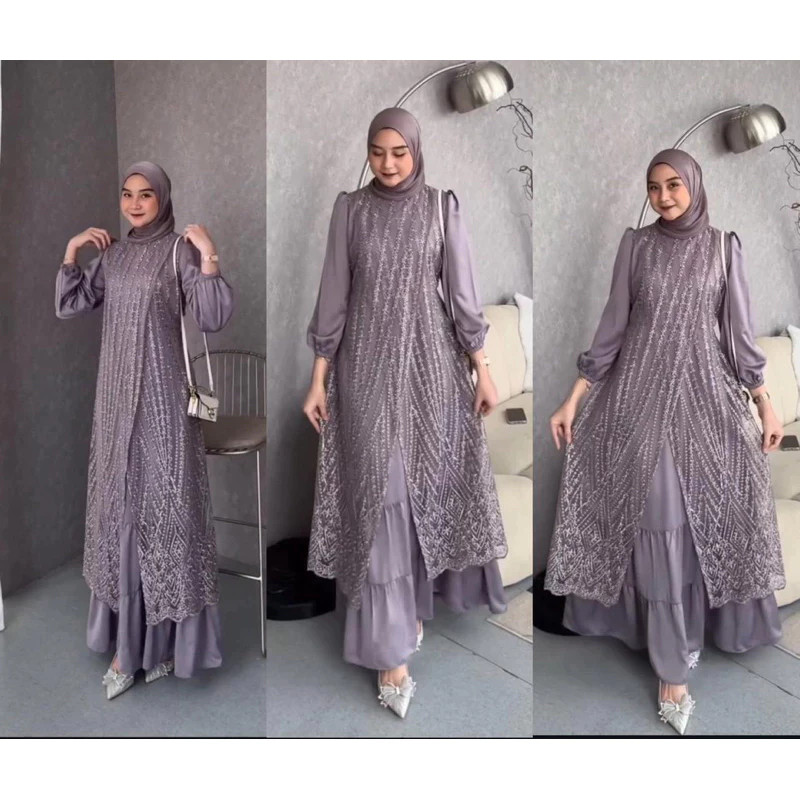Fuji Dress Brukat Tille Premium Pesta Terbaru 2025 Gamis Pesta Mewah Bahan Maxmara Mix Brokat Timbul