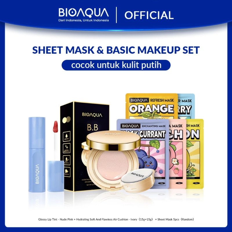 BIOAQUA Beauty Set Makeup Bundle With Cushion / Liptint Fantastic Me Glossy / Sheet Mask Masker Wajah