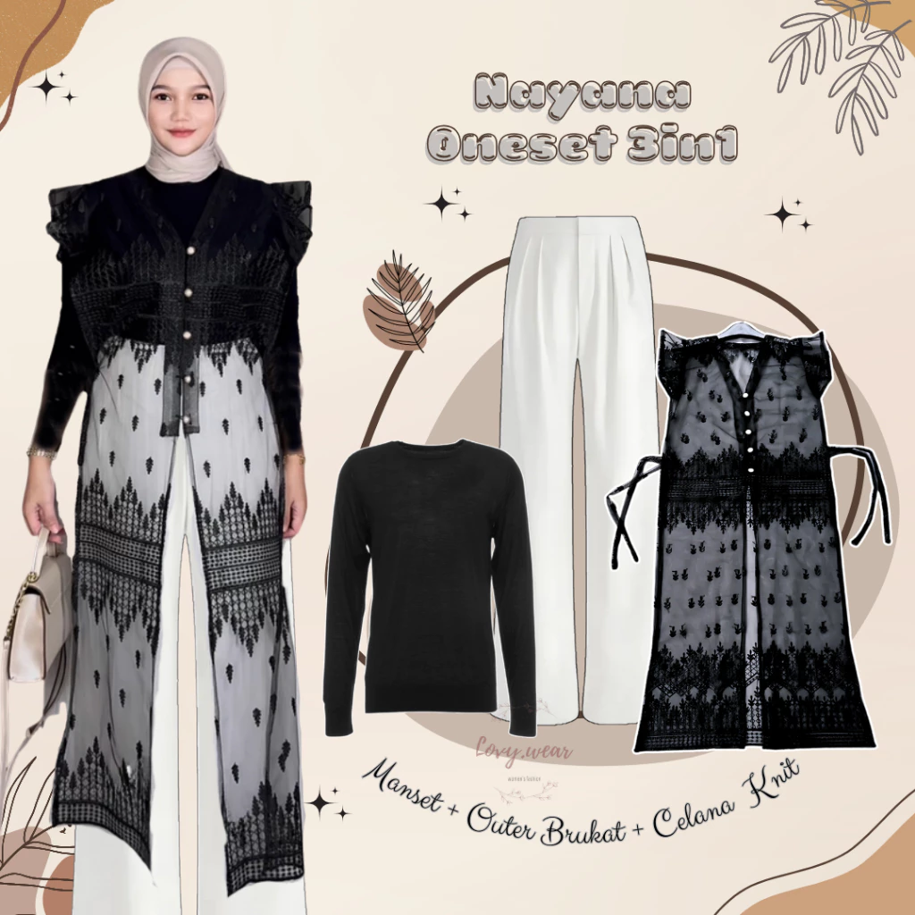 One Set Wanita Kekinian ( Outer Brokat + Celana Knit + Manset Lengan Panjang ) Fashion Muslim - LW01