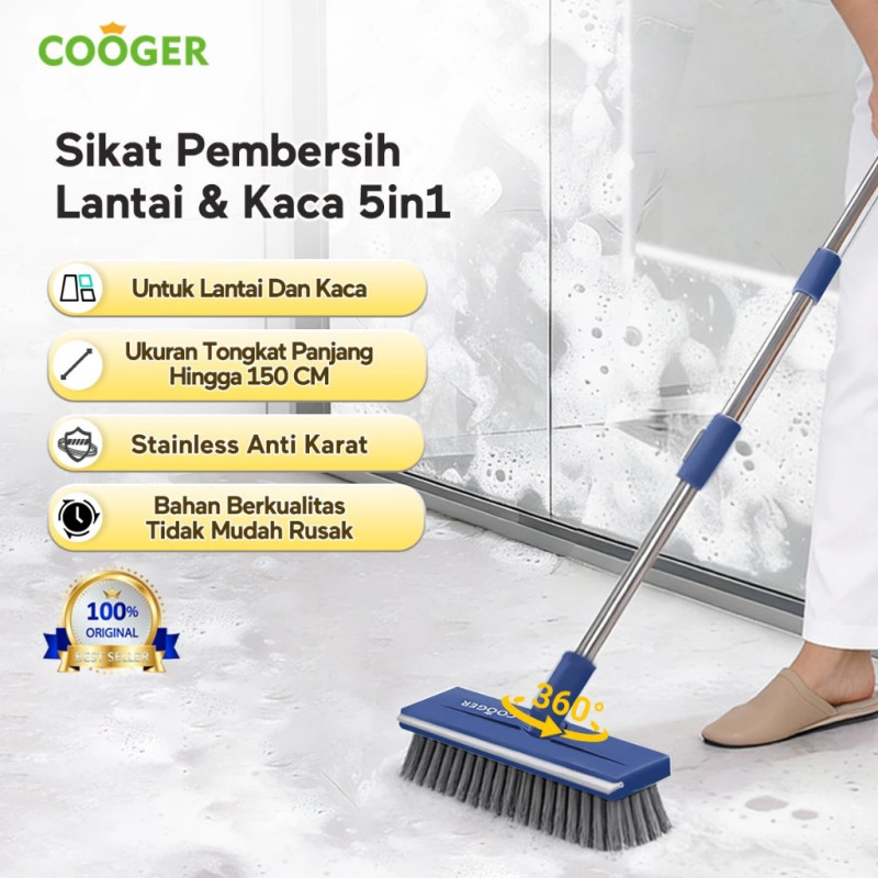 COOGER Sikat Lantai 5IN1 Dengan Pembersih Kaca Lembut Sikat Kamar Mandi Gagang Panjang 1,5 Meter