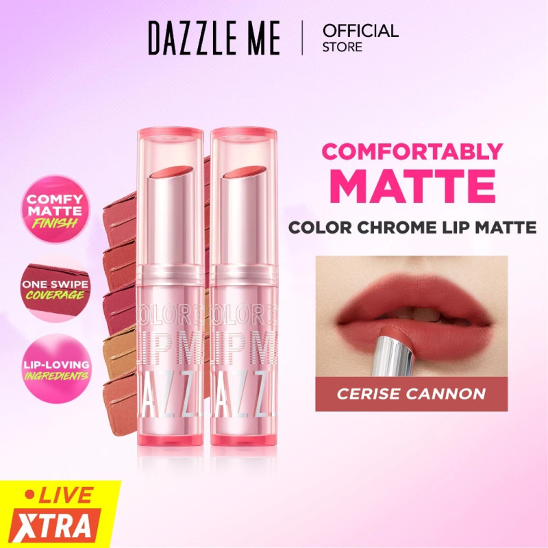 [2PC] DAZZLE ME Color Chrome Lip Matte Bundle Lipstick dengan hasil akhir Matte dengan tekstur powdery ringan smooth moisturizing melembabkan bibir memberikan efek warna bibir sehat dan mulus